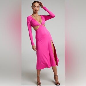 Showpo Arleine Tie Back Long Sleeve Maxi cut out pink flowy dress plus Size 16